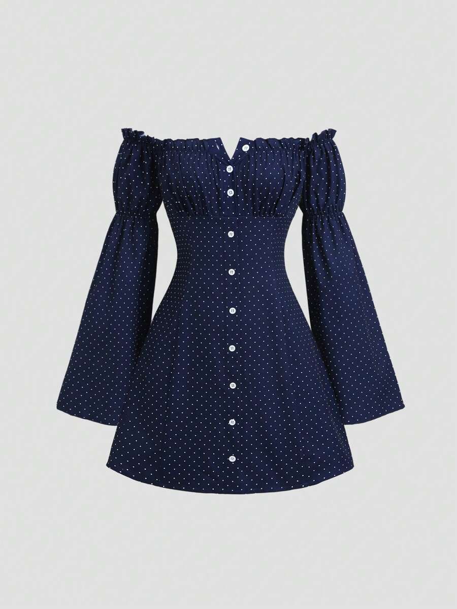 Sweetra New Polka Dot Long Sleeve Mini Dress, Designed Sleeves, Sweet And Fashionable, Suitable For Street Wear - Blue - View 1