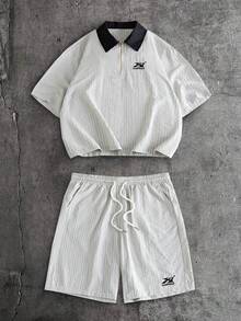 AXEPEAK Men's Letter Print Colorblock Short Sleeve Shirt And Shorts Casual Daily Outfit - Black - View 2