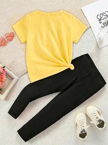 Set Kaos Pendek dan Legging Motif Kartun Lucu dan Segar untuk Bayi Perempuan, Motif Kumbang Kuning, Bunga, Hati, Kupu-kupu, dan Polkadot/Pita, Pakaian Sehari-hari - MultiWarna - View 2