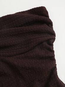 Sweetra Women's Spring/Summer Coffee Color Strapless Ruched Waist Slim Fit Metal Buckle Decor Top - Brown - View 4