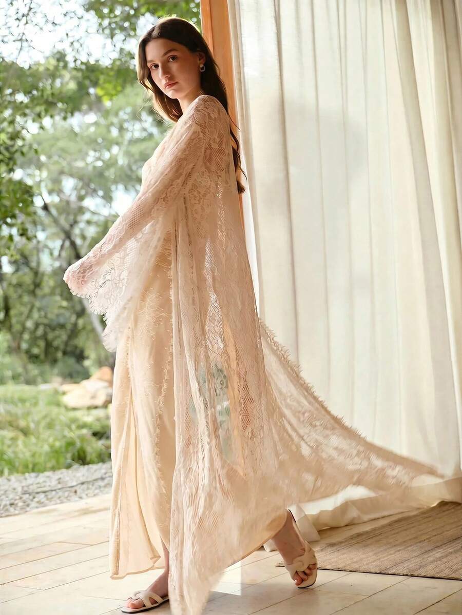 MOTF PREMIUM LACE SHEER BELL SLEEVE LONG ROBE - Apricot - View 1