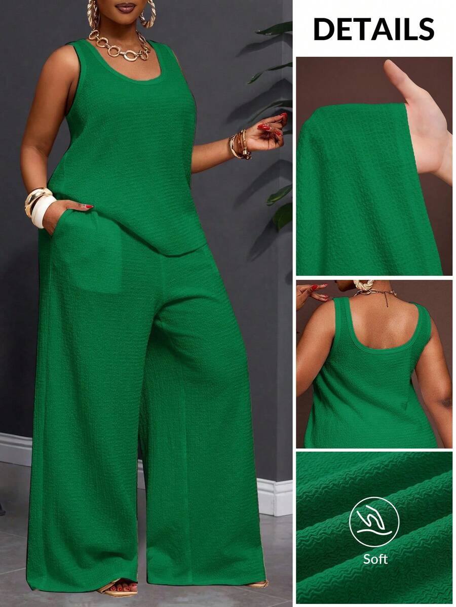 SHEIN CURVE+ 2025 新款春夏大码女装复古西部/热带/音乐节/夜店/公路旅行/休闲街头/城市度假/毕业典礼/优雅度假两件套 - 宽松透视纹理面料 U 领无袖吊带背心搭配松紧腰阔腿裤 - 綠色 - 查看 1