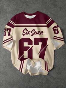 SHEIN EZwear 休閒簡約圓領短袖寬鬆女款T恤，印有數字67圖案 - 彩色 - 查看 1