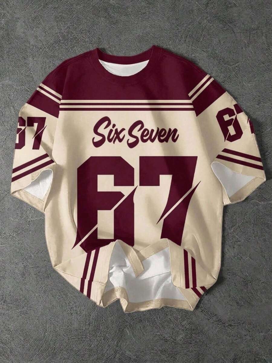 SHEIN EZwear 休閒簡約圓領短袖寬鬆女款T恤,印有數字67圖案 - 彩色 - 查看 1