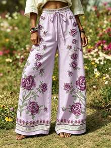EMERY ROSE Plus Size Women's Bohemian Style Casual Floral Print Wide Leg Pants Fall - Multicolor - View 1