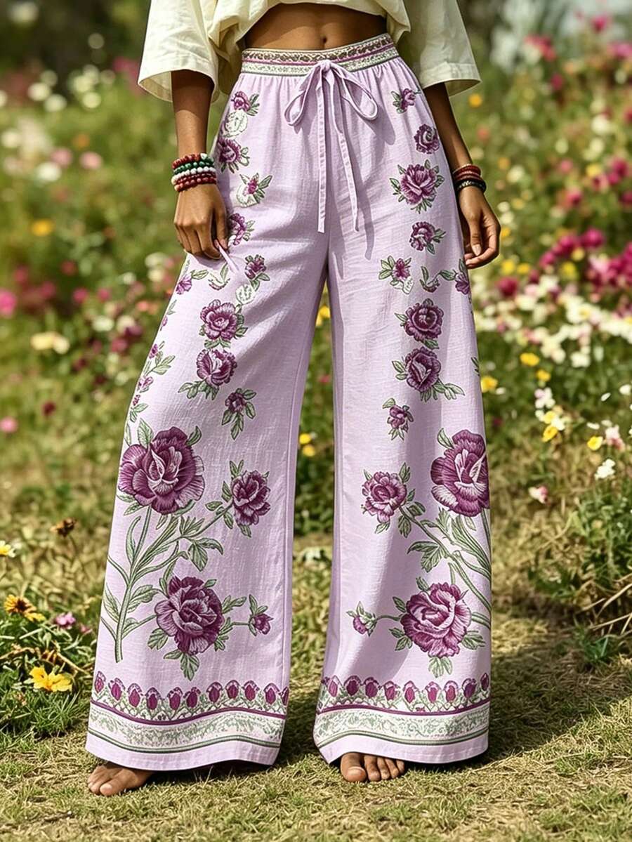 EMERY ROSE Plus Size Women's Bohemian Style Casual Floral Print Wide Leg Pants Fall - Multicolor - View 1