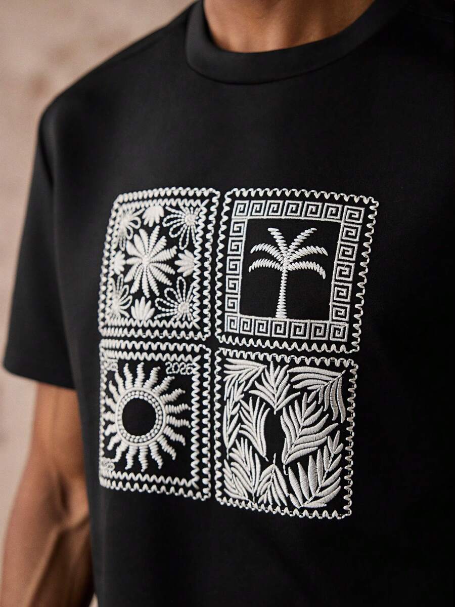 HIMLAND 男士夏季休閒刺繡短袖T恤 - 黑與白 - 查看 1