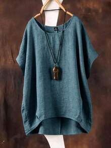 Linhara Spring/Summer Plus Size Women's Textured Round Neck Blouse, Versatile Casual - Dusty Blue - View 1