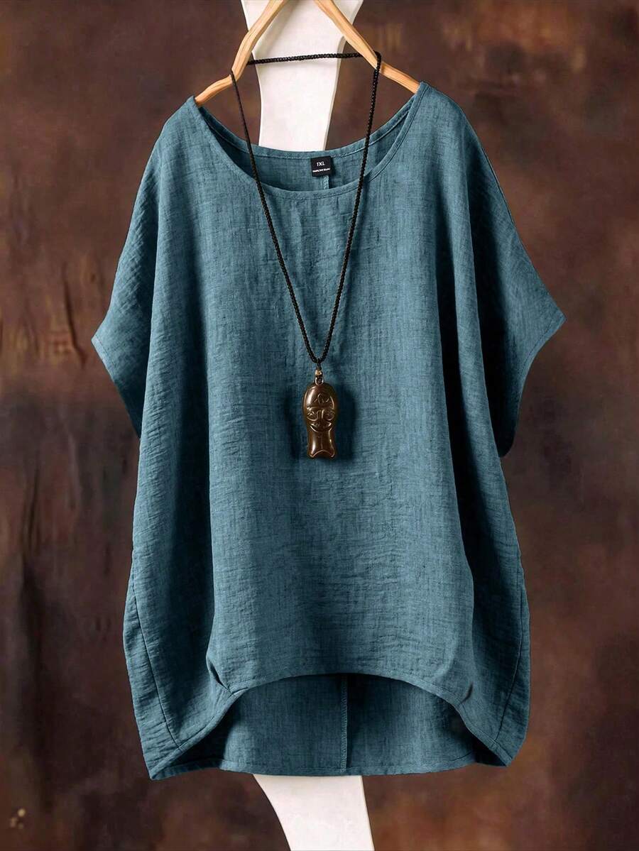 Linhara Spring/Summer Plus Size Women's Textured Round Neck Blouse, Versatile Casual - Dusty Blue - View 1