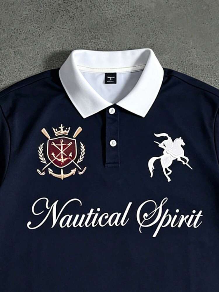 STYNVO 男士時尚騎士字母印花鈕扣長袖 Polo 衫 - 藏蓝色 - 查看 3