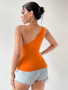 SHEIN PETITE 女款純色單肩抓皺修身百搭日常穿搭上衣 - 橘色 - 查看 2