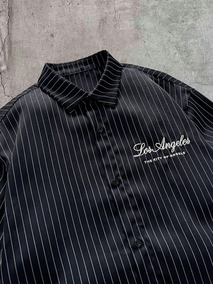AXEPEAK Men's Striped & Letter Print Casual Versatile Daily Wear Shirt - Black - View 3