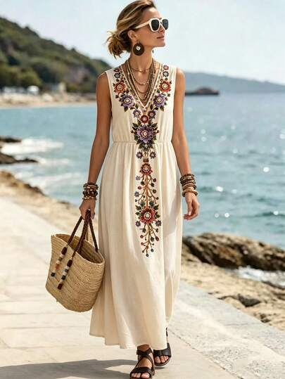 SHEIN Holidaya New Retro Printed Sleeveless Vintage Dress, Vacation Style Women's Bohemian Artistic Loose Fit Beach Embroidery Retro Printed Dress