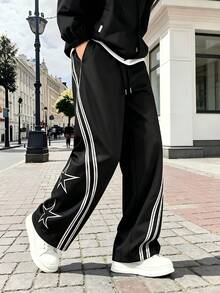 Manfinity Hypemode Men's Casual Versatile Daily Travel Long Pants With Pocket, Star Print And Color Block Design - Black - View 4