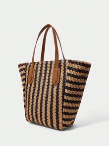 SHECARRY Bolso tote de mujer de moda de paja tejida a rayas, negro + caqui, color de contraste retro, bolso de hombro simple y ligero de gran capacidad, adecuado para compras, vacaciones de verano, viajes, playa, , combinación bohemia - Raya - Ver 4