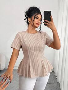 Elenzga Plus Size Women's Elegant Casual Versatile Round Neck Beige Short Sleeve Flared Blouse, Spring/Summer Office Formal - Khaki - View 1