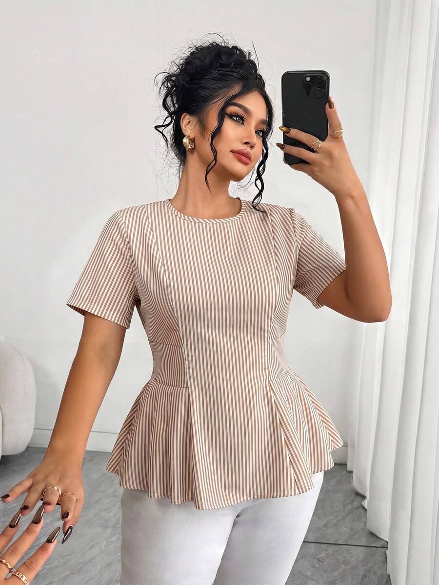 Elenzga Plus Size Women's Elegant Casual Versatile Round Neck Beige Short Sleeve Flared Blouse, Spring/Summer Office Formal - Khaki - View 1