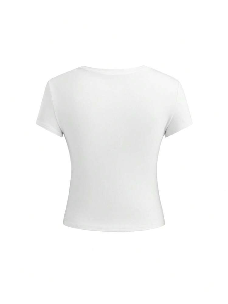 ROMWE Kawaii Bikini Button Sexy Cute Y2k Style Fitted Women's T-Shirt Date Daily White Summer - Apricot - View 2