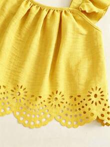 Sparklyn Girls' Summer Hollow Out 2 Pieces Set, Flutter Sleeve Cami + Matching Shorts, Exquisite Lace Trim On Top And Bottom, Detailed Design, Loose Fit, Suitable For Daily Wear And Outings - Yellow - View 4