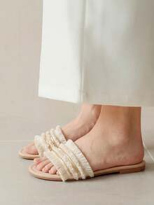 Alvarani Ladies' Vacation Style Fringed Flat Sandals, Beach Summer Open-Toe Slippers For Women - Apricot - View 3