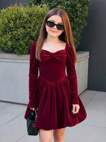 SHEIN 1pc Tween Girls Red Bubble Sleeved A-Line Elegant Spring/Summer Dress - Red - View 2