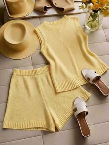 GlowEve CURVE Plus Size Women Solid Color Round Neck Top And Shorts Casual Daily Knit Set Fall - Yellow - View 2