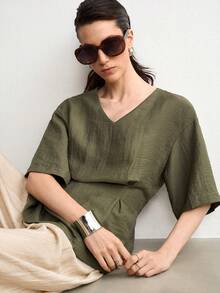 Aalyst Blusa con espalda fruncida y recogida - Verde militar - Ver 6