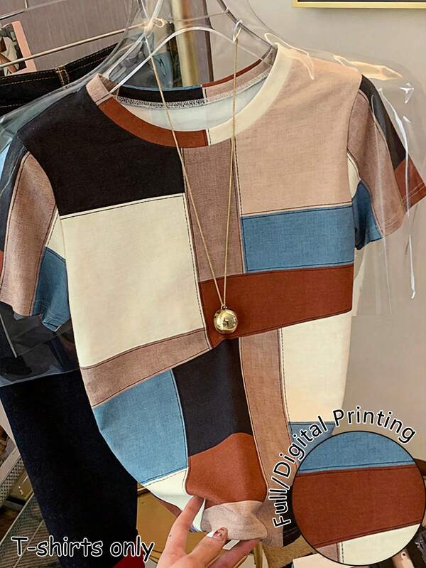 Resyla Women's Round Neck Colorblock Casual Versatile Everyday Short Sleeve T-Shirt