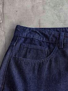 AXEPEAK Men's Washed Blue Brand Gourd Button Decor Shorts - Blue - View 5