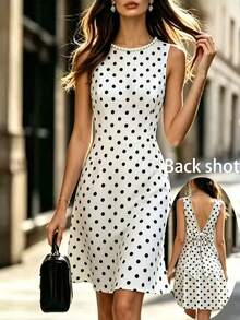 SHEIN LUNE Women's Bead Decor White With Black Polka Dots Bow Tie Strap Dress Brunch Party Summer Elegant - White - View 1