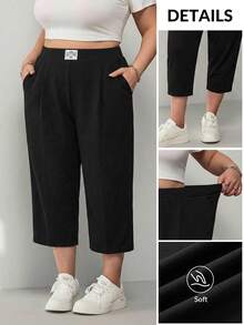 SHEIN CURVE+ Large Women's Casual Cowboy Multifunctional Solid Color High Waisted Tapered Pants With Pockets Office Black Summer - Black - View 8
