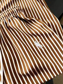 GlowEve Women's Summer Casual Gym Brown And White Polka Dot Embroidered Round Neck Short Sleeve Tight T-Shirt And Striped Print Drawstring Pants 2 Pieces Set - Multicolor - View 7