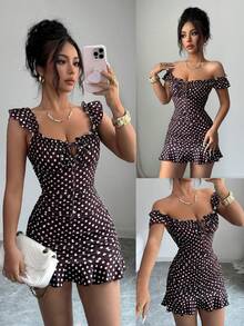 SHEIN Tall Summer Fashion Brown And White Polka Dot Print Ruffle Hem Mini Dress Night Out Club Sexy - Brown - View 1