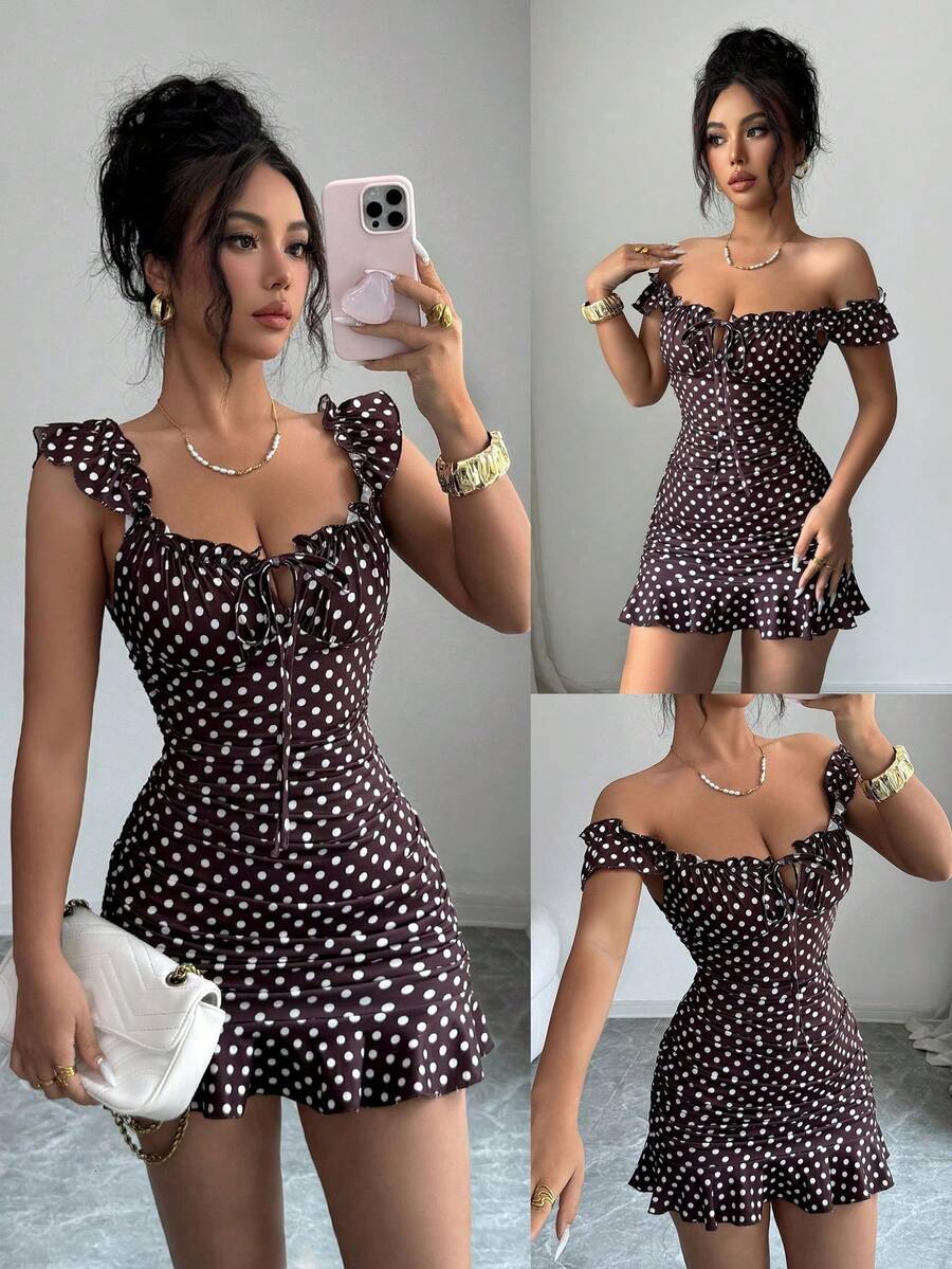 SHEIN Tall Summer Fashion Brown And White Polka Dot Print Ruffle Hem Mini Dress Night Out Club Sexy - Brown - View 1