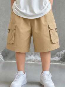 SHEIN Pantalones cortos cargo casuales versátiles de unicolor para uso diario y viajes para adolescentes - Caqui - Ver 3