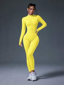 SHEIN With My Calm Ribbed Zipper Long Sleeve Sports Jumpsuit - Yellow - View 5