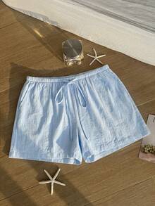 Comfortcana Plus Size Casual Loose Light Blue Drawstring Shorts, Spring/Summer Comfortable Cotton Drawstring Shorts - Baby Blue - View 10