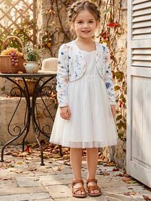 SHEIN Kids Young Girl 1pc Floral Print Ruched Sleeve Open Front Crop JacketComfortable And Versatile, Suitable For Autumn, Spring, And Summer & Fall , Ages 4-7, Perfect For Outings, School, Home, Vacation, And Travel.Great For Casual & Daily Wear,Sister And Me Matching, Mom And Daughter Matching - White - View 4