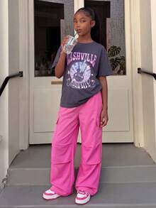 SHEIN Explorewe 2pcs Set Tween Girls Letter Print Short Sleeve T-Shirt And Ruched Cargo Pants, Casual - Hot Pink - View 1