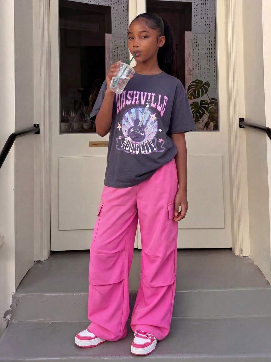 SHEIN Explorewe 2pcs Set Tween Girls Letter Print Short Sleeve T-Shirt And Ruched Cargo Pants, Casual - Hot Pink - View 1