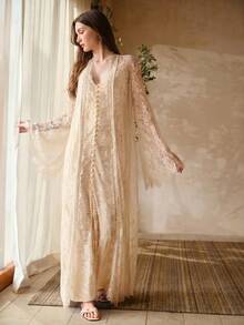 MOTF PREMIUM LACE SHEER BELL SLEEVE LONG ROBE - Apricot - View 5
