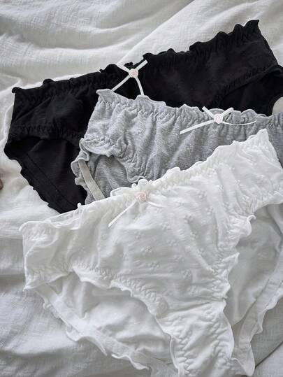 Napfluff 女款 3 件組極簡可愛荷葉邊三角內褲