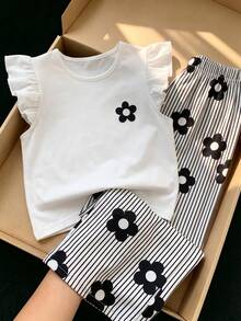 SHEIN 女童兩件套，針織紋理圓領短袖上衣與梭織印花直筒長褲，休閒度假風，適合春夏日常穿著與度假 - 彩色 - 查看 3