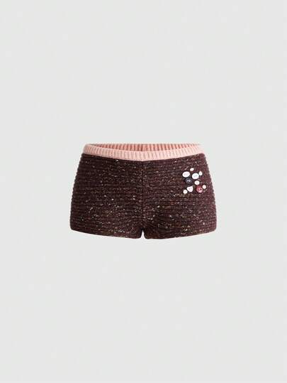 Y2K Shorts de suéter ajustados de cintura baja con decoración de botones versátiles y textura esponjosa para mujer, otoño/invierno