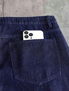 AXEPEAK Men's Washed Blue Brand Gourd Button Decor Shorts - Blue - View 7