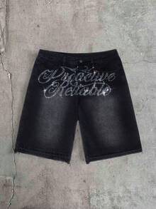 FeverCity Men's Letter Rhinestone Pattern Pocket Button Casual Versatile Daily Travel Denim Shorts - Black - View 7