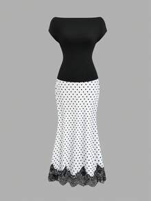 Sweetra Conjunto de Top Ajustado con Hombros Descubiertos Elegante Casual Francés & Falda Vintage con Lunares, Delicado Ribete de Encaje, Estilo de Viaje Juguetón & Sofisticado, Moda Primavera/Verano Versátil Estética de Puro Deseo Conjunto de 2 Piezas para Mujer - Blanco y Negro - Ver 6