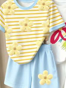 (隨機3款，發送1套)夏季女童幼兒清新彩色花卉愛心拼接黃色條紋花朵圖案印花休閒基礎短袖T恤短褲套裝 - 彩色 - 查看 3