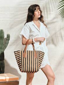 SHECARRY Bolso tote de mujer de moda de paja tejida a rayas, negro + caqui, color de contraste retro, bolso de hombro simple y ligero de gran capacidad, adecuado para compras, vacaciones de verano, viajes, playa, , combinación bohemia - Raya - Ver 9