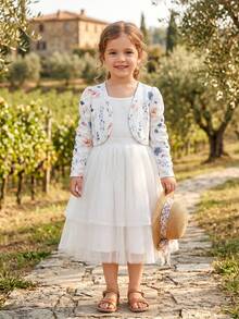 SHEIN Kids Young Girl 1pc Floral Print Ruched Sleeve Open Front Crop JacketComfortable And Versatile, Suitable For Autumn, Spring, And Summer & Fall , Ages 4-7, Perfect For Outings, School, Home, Vacation, And Travel.Great For Casual & Daily Wear,Sister And Me Matching, Mom And Daughter Matching - White - View 5